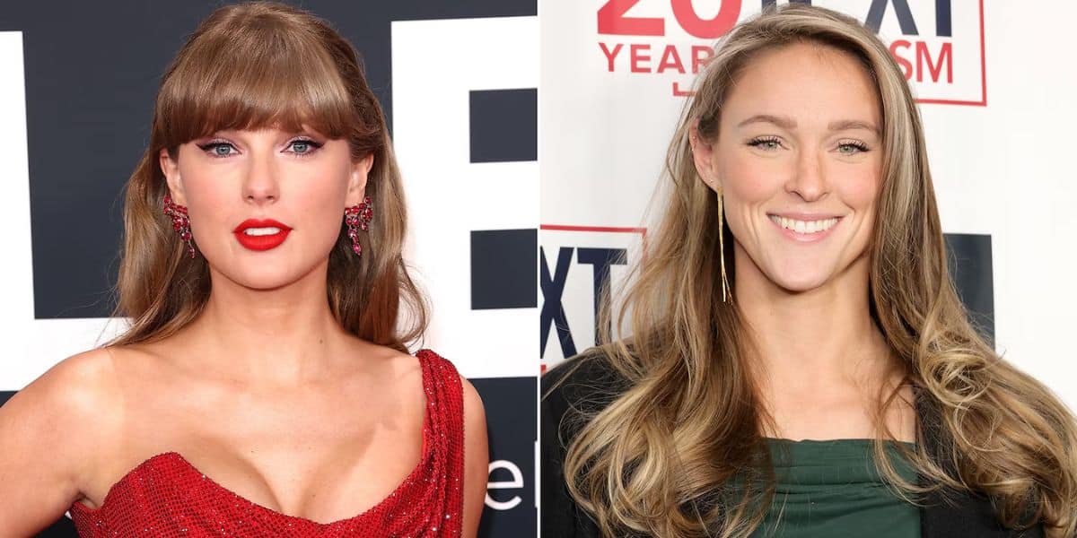 Celebrities with flowing hair striking poses on red carpets at separate premieres, one in a red dress, one in dark green.