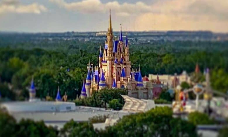 Cinderella Castle at the Magic Kingdom, photographed from the top of Disney's Contemporary Resort.
