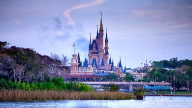 Cinderella Castle and Magic Kingdom Park as seen from a ferryboat on the Seven Seas Lagoon.