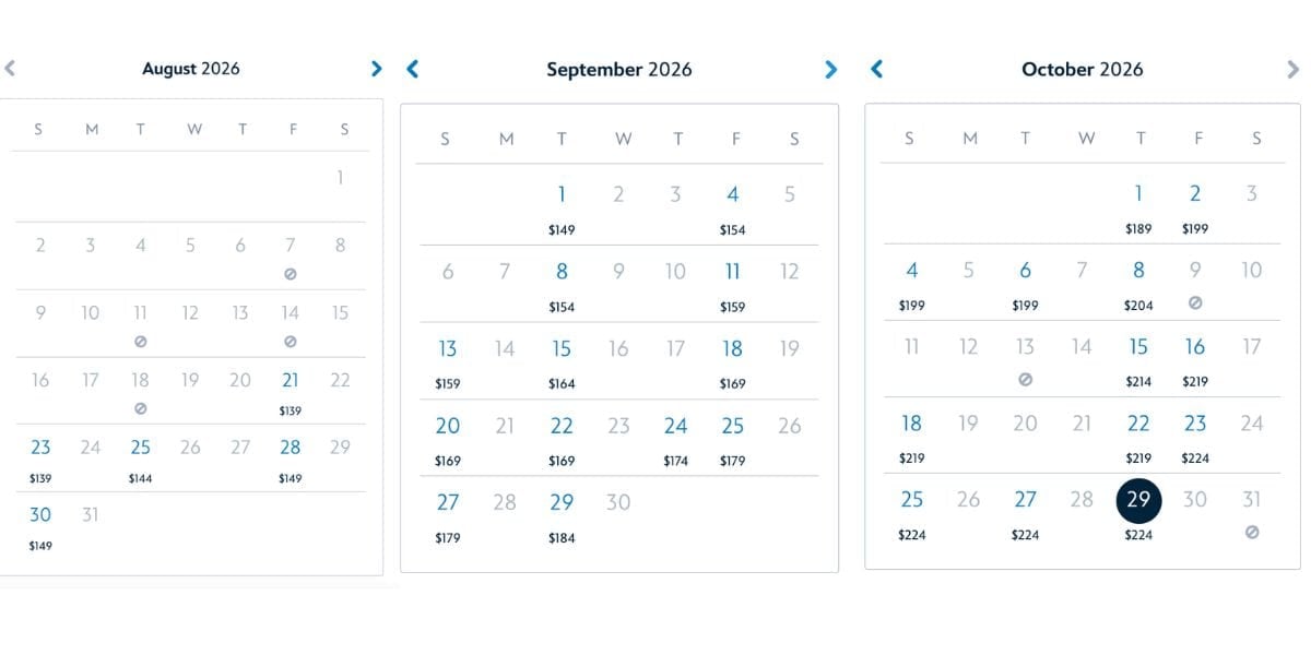 The available and not available dates for Mickey's Not So Scary Halloween Party as of July 30