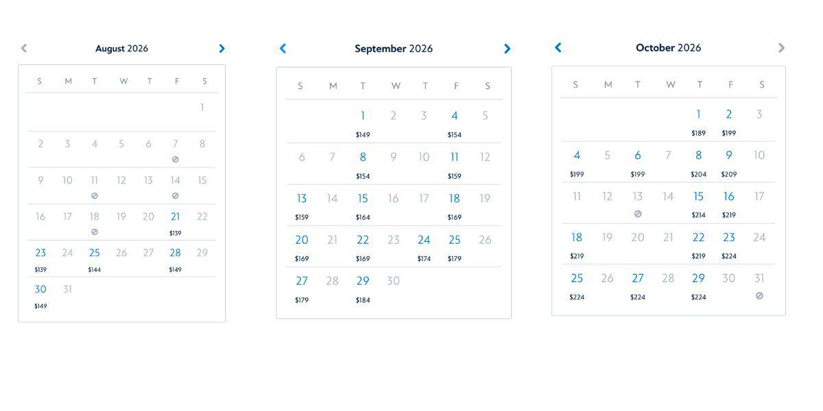 Calendars showing what Mickey's Not So Scary Halloween Party dates are sold out and which remain available for 2026 as of July 22