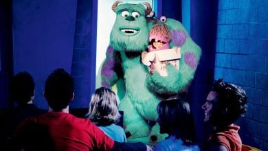 Sulley and Boo from Monsters, Inc. delight the audience under vibrant lights during a lively stage show at the park.