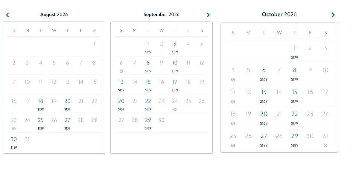 Monthly calendars for August, September, and October 2026 display ticket availability and event nights for Oogie Boogie Bash