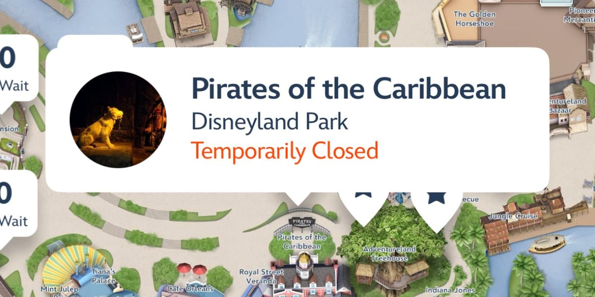 Disneyland Park map featuring Pirates of the Caribbean, prominently labeled "Temporarily Closed" in bold red text.