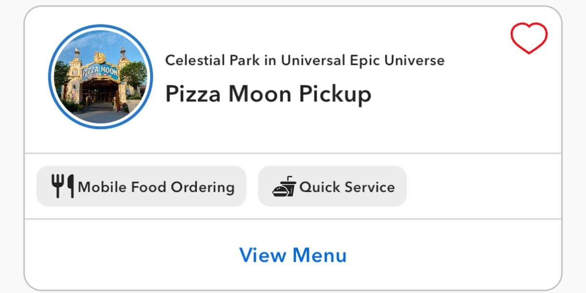 Pizza Moon Pickup info card showcasing the Epic Universe menu button, mobile ordering and quick service icons, and a glimpse of the theme park entrance—ideal for Universal Orlando fans looking to grab Famous Pizza using this exclusive hack for speedier service.