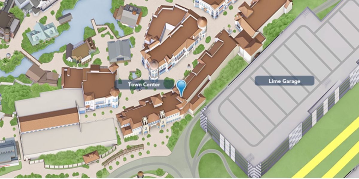 Interactive map detailing the Town Center at Disney Springs, located by Lime Garage, with nearby restaurants, shops, walking paths, and landscaped gathering areas.