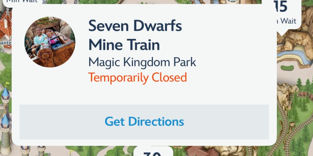 Seven Dwarfs Mine Train at Magic Kingdom is currently closed, as indicated by the latest app update.