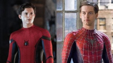 split image: on the left, tom holland as spider-man. on the right, tobey maguire as spider-man