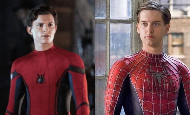 split image: on the left, tom holland as spider-man. on the right, tobey maguire as spider-man