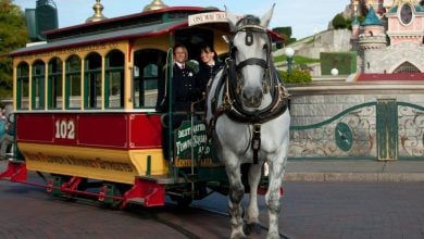 Horse pulling a trolley car in front of Sleeping Beauty at Disneyland Paris