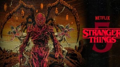 The fearsome Mind Flayer from Stranger Things looms with menacing red limbs and spider-like legs, set against a dramatic black backdrop with the "Stranger Things 5" Netflix logo—evoking the spine-chilling excitement of a haunted theme park attraction.