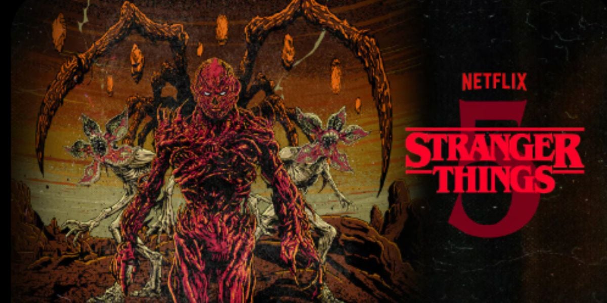 The fearsome Mind Flayer from Stranger Things looms with menacing red limbs and spider-like legs, set against a dramatic black backdrop with the "Stranger Things 5" Netflix logo—evoking the spine-chilling excitement of a haunted theme park attraction.