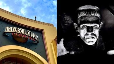 split image: on the left, universal studios florida's entrance. on the right, frankenstein from 1931 film