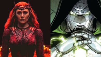 split image: on the left, Elizabeth Olsen as Scarlet Withc/Wanda Maximoff. on the right, Doctor Doom