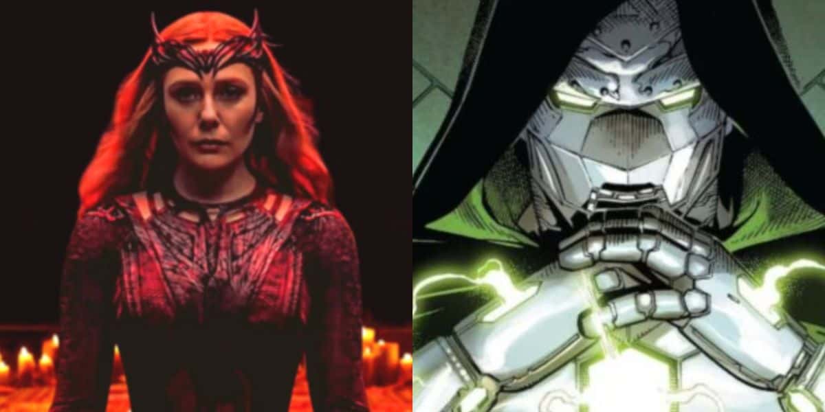 split image: on the left, Elizabeth Olsen as Scarlet Withc/Wanda Maximoff. on the right, Doctor Doom