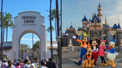Split image featuring the iconic Universal Studios Hollywood entrance arch on one side, and Sleeping Beauty Castle at Disneyland flanked by beloved Disney characters on the other.