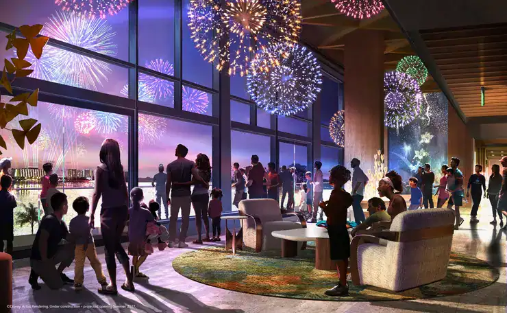 Guests at Magic Kingdom relax in an exclusive lounge, taking in vibrant nighttime fireworks through expansive windows for a premier private viewing experience.
