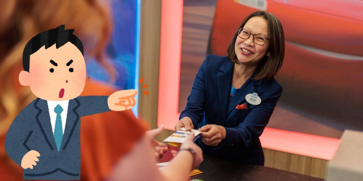 A cheerful front desk Cast Member hands a MagicBand to a guest at Disney World, while an animated character, resembling Donald Duck, gestures angrily in the foreground.