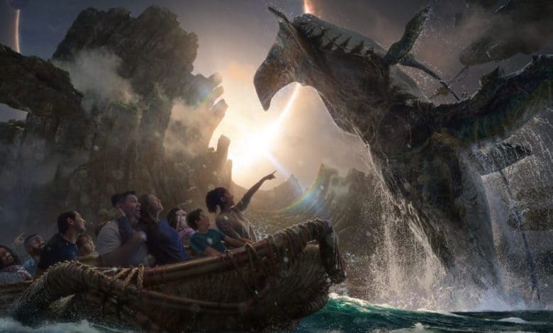 Guests aboard a themed adventure ride thrill as a massive, dragon-like creature rises dramatically from the water, bringing the fantasy world to life.