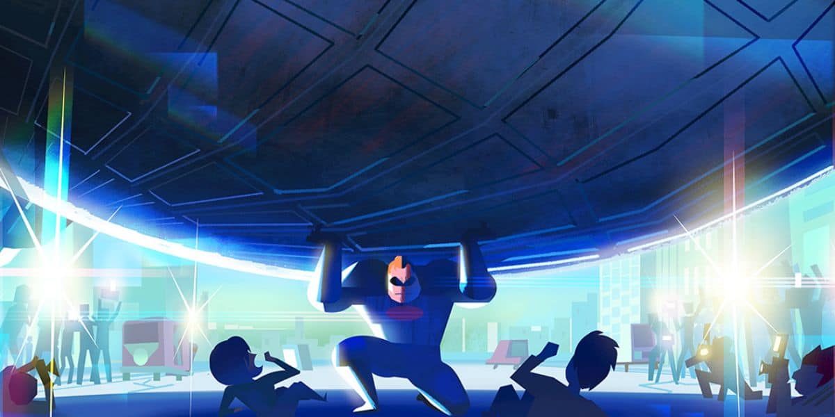 A costumed superhero performer dramatically hoists a giant prop overhead during a themed show, thrilling guests amid dazzling cityscape lighting in the entertainment park.