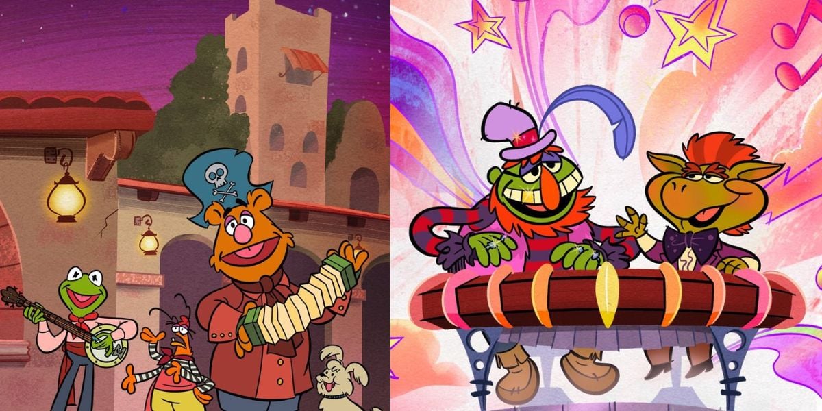 Two lively cartoon scenes featuring Kermit, Fozzie, and the Muppets bring high-energy musical fun and smiles in a vibrant display of Muppet Mayhem, just like stepping into Disney World’s Magic Kingdom.