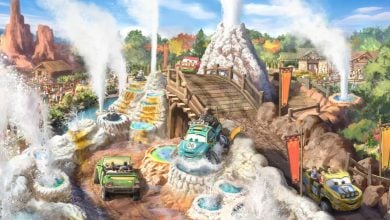 Radiator Springs Racers takes guests on an exciting Cars-themed journey through Ornament Valley, featuring lively animated cars zipping past erupting geysers, towering red rock formations, and rustic wooden bridges.