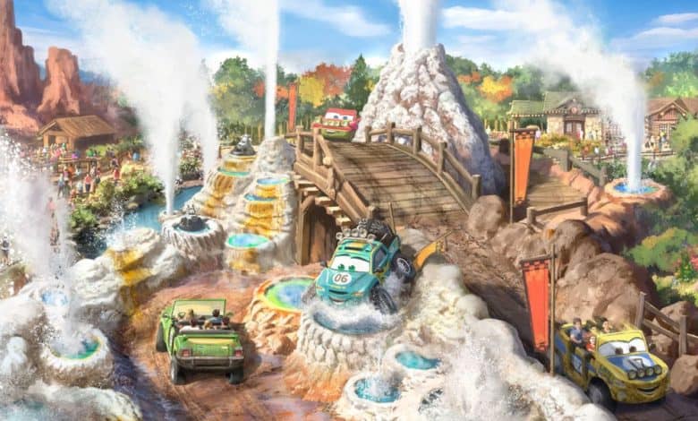 Radiator Springs Racers takes guests on an exciting Cars-themed journey through Ornament Valley, featuring lively animated cars zipping past erupting geysers, towering red rock formations, and rustic wooden bridges.