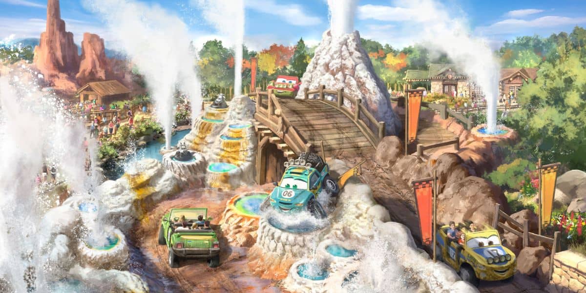 Radiator Springs Racers takes guests on an exciting Cars-themed journey through Ornament Valley, featuring lively animated cars zipping past erupting geysers, towering red rock formations, and rustic wooden bridges.