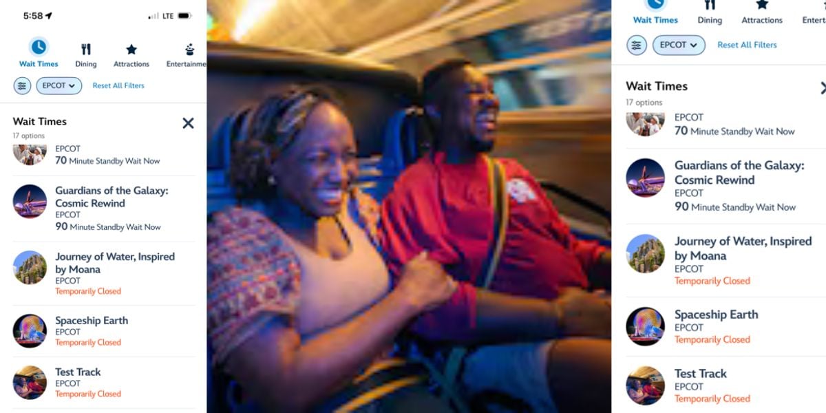 Guests speed along on a thrilling amusement park ride, while the Disney World wait time app is visible, highlighting current ride statuses and closures—including the notable extended downtime of Test Track at EPCOT, which has been unavailable for over 24 hours with no official update.