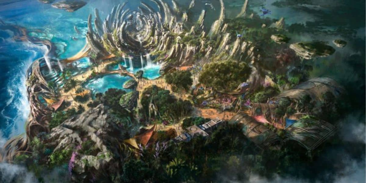 Aerial view of a magical theme park island featuring whimsical spiral rock attractions, cascading waterfall rides, and vibrant landscaped gardens.