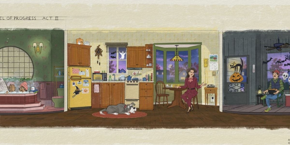 Step into a Carousel of Progress-inspired kitchen at Magic Kingdom, where a classic scene unfolds: a woman sits at the table with her faithful dog, surrounded by whimsical Halloween decor that brings old-fashioned charm and Disney nostalgia to life for theme park fans.