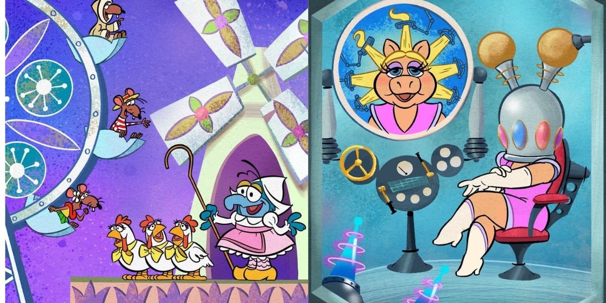Beloved cartoon animals soar on a vibrant Ferris wheel, capturing the whimsical spirit of Magic Kingdom; nearby, an energetic Muppet-style character operates a playful machine from a chair with its own control panel, infusing the scene with classic Muppet Mayhem fun.