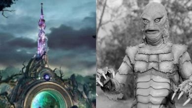 split image: on the left, dark universal portal entrance. on the right, creature from the black lagoon