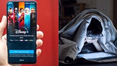 split image: on the left, phone with disney+ screen. on the right, a child watching tablet