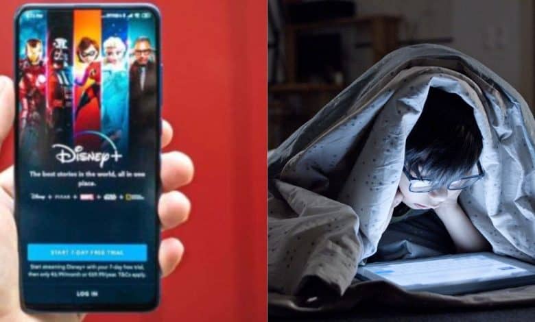 split image: on the left, phone with disney+ screen. on the right, a child watching tablet