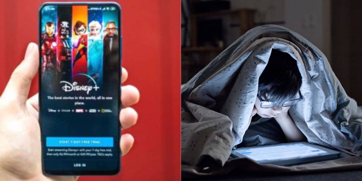 split image: on the left, phone with disney+ screen. on the right, a child watching tablet