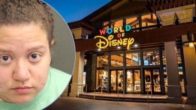 Left: A mugshot of the former Disney cast member accused of stealing $2000+ worth of merchandise Right: The World of Disney entrance at Disney Springs.