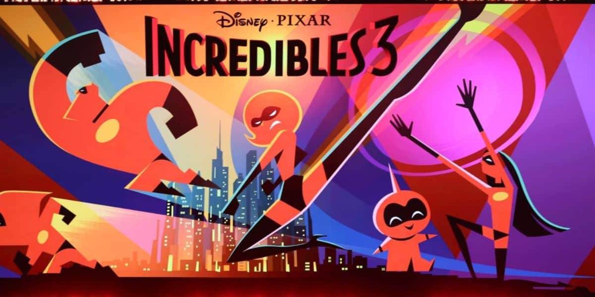 The Incredibles family strikes dynamic action poses on a vibrant “Incredibles 3” poster set against a city skyline, highlighting the buzz from Disney’s D23 2026 Entertainment Showcase and building excitement for upcoming Pixar experiences at Disney Parks.