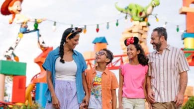 a family at Disney World's Hollywood Studios in Toy Story Land area