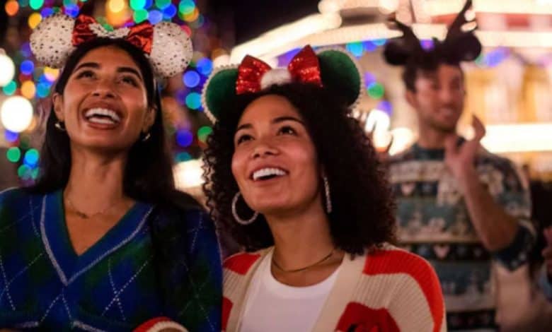 disney world guests at magic kingdom during christmas time