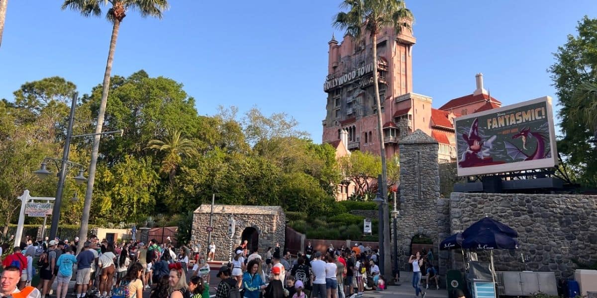 Guests approaching the Twilight Zone Tower of Terror at Disney's Hollywood Studios