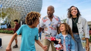 family in front of spaceship earth at EPCOT in disney world