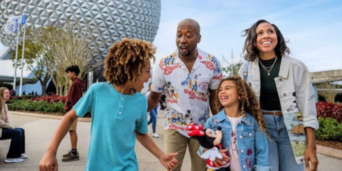family in front of spaceship earth at EPCOT in disney world