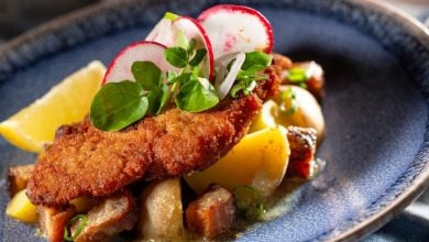 A crispy breaded cutlet served with golden roasted potatoes, fresh lemon wedges, radish slices, and greens on a vibrant blue plate—bringing the magic of EPCOT Food & Wine Festival 2026 to Disney World fans through this delicious festival-inspired dish.