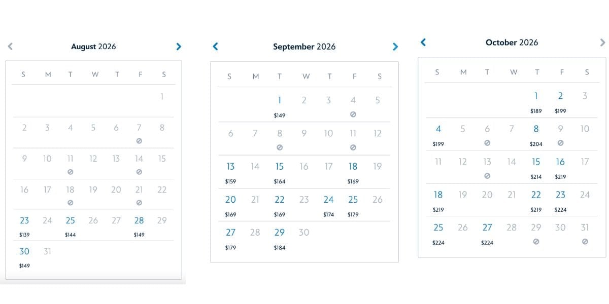 Available/unavailable dates for Mickey's Not So Scary Halloween Party as of August 13