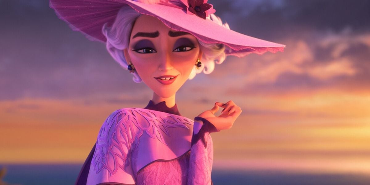 Animated character inspired by Disney’s D23 expo beams in a whimsical purple hat and dress, set against a magical sunset sky.