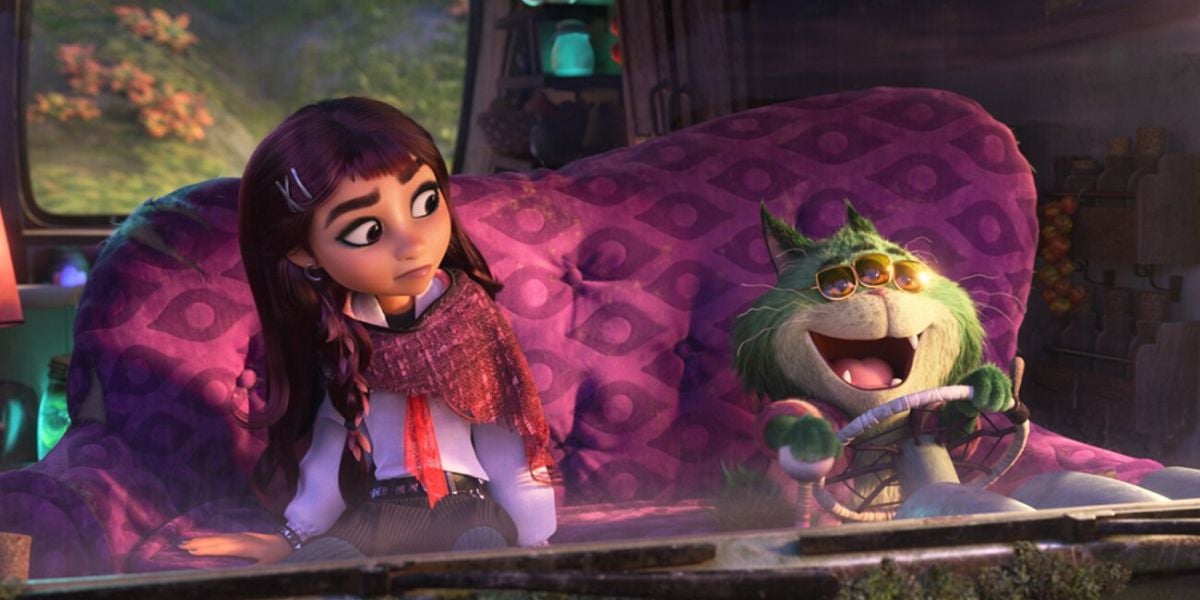 On a vibrant purple couch, a cheerful green cat sporting sunglasses and gripping a steering wheel lounges next to an excited girl—bringing to life the kind of surreal, whimsical scene you might spot at Universal Studios’ Hexed attraction or in a movie set designed straight from Jodie Foster’s wildest dreams.