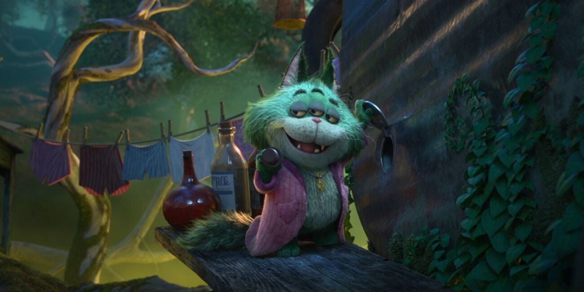 A vibrant, green fluffy cat character in a whimsical pink robe poses playfully beside potion bottles, grinning and gesturing toward costumed laundry fluttering on a line—embodying D23’s signature offbeat magic with an enchanting, mischievous vibe swirling in the air.