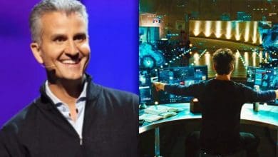 split image: on the left, josh d'amaro at conference. on the right, jarvis and tony stark in iron man