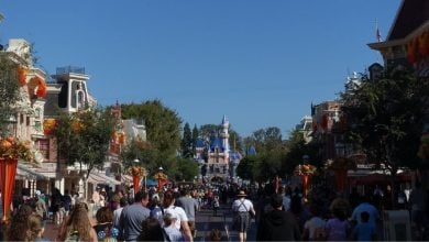 Fall decorations and guests on Main Street USA at Disneyland Park